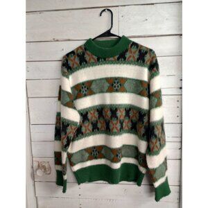 Barclay Vintage Knit Sweater Large Green White Nordic Ski Lodge Unisex Cozy USA